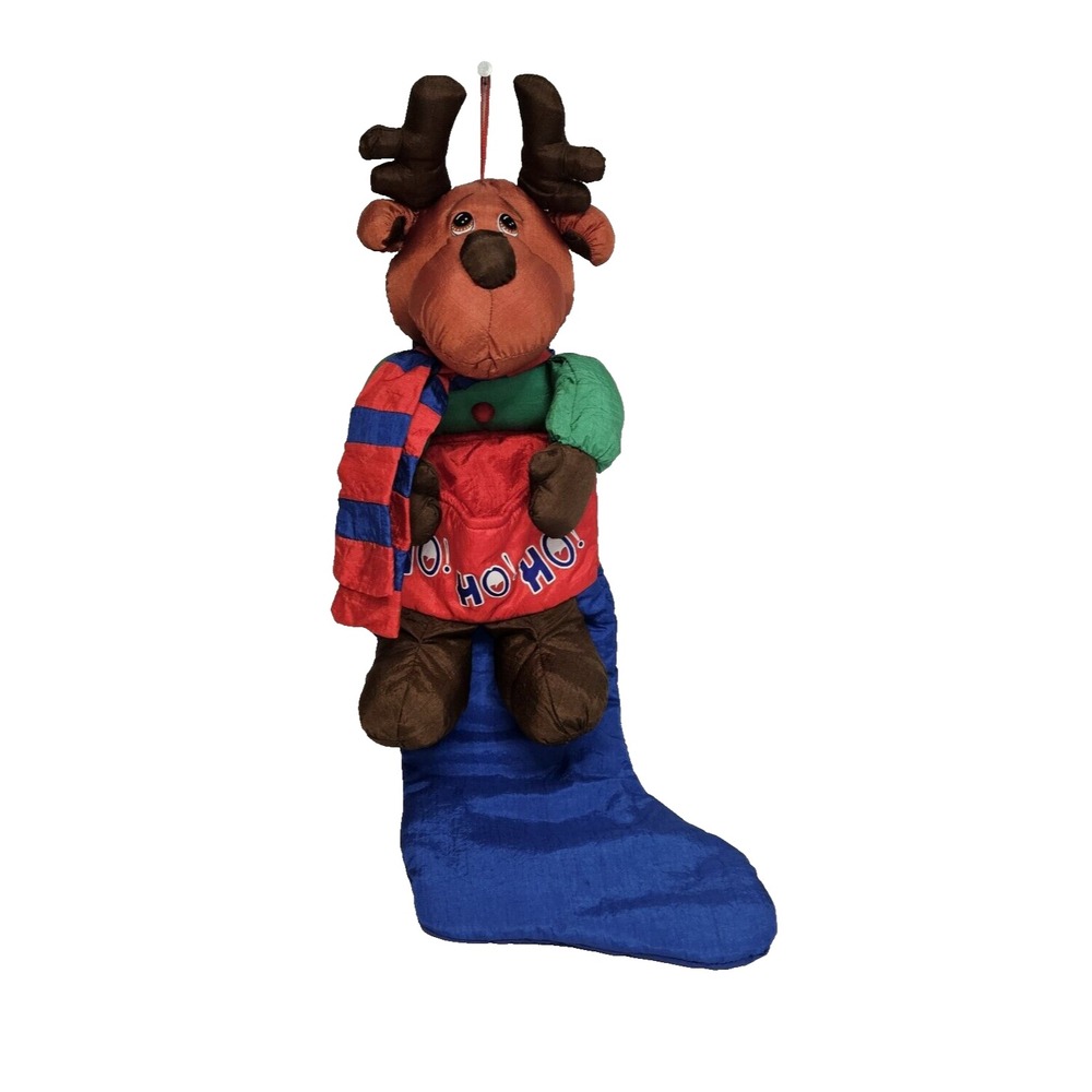 Nylon Reindeer Christmas Stocking Plush Puffy St. Nicholas Scarf HOHOHO Vintage